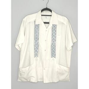 VTG Guayabera Yuca White Blue 100% Linen Guayabera Short Sleeve Shirt Size 42/L